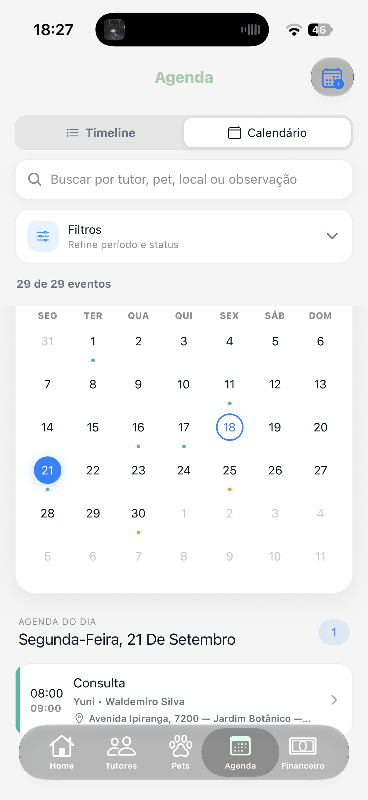 Agenda de atendimentos no aplicativo SelfVet